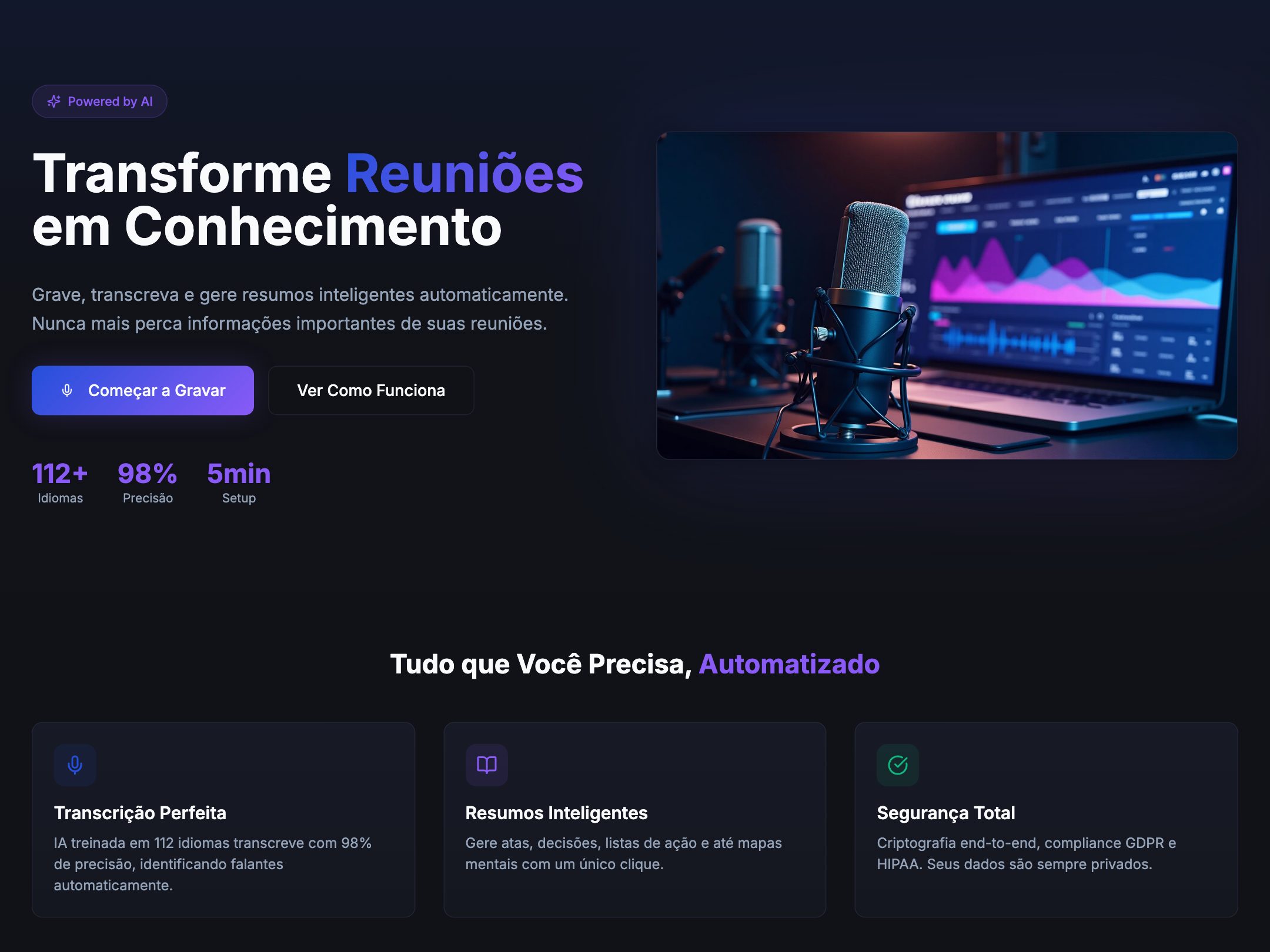 Captura de tela de GravAI — Grava reuniões e gera transcrições, resumos e action items via IA.