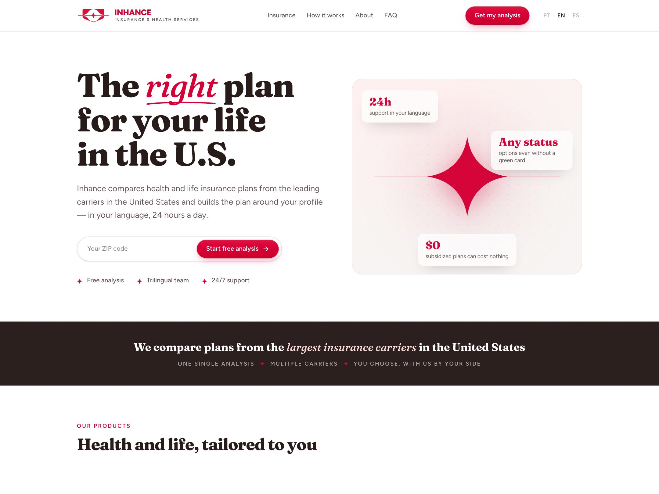 Captura de tela de Inhance Insurance — Site de corretora de seguros nos EUA com IA que aborda leads e CRM integrado.