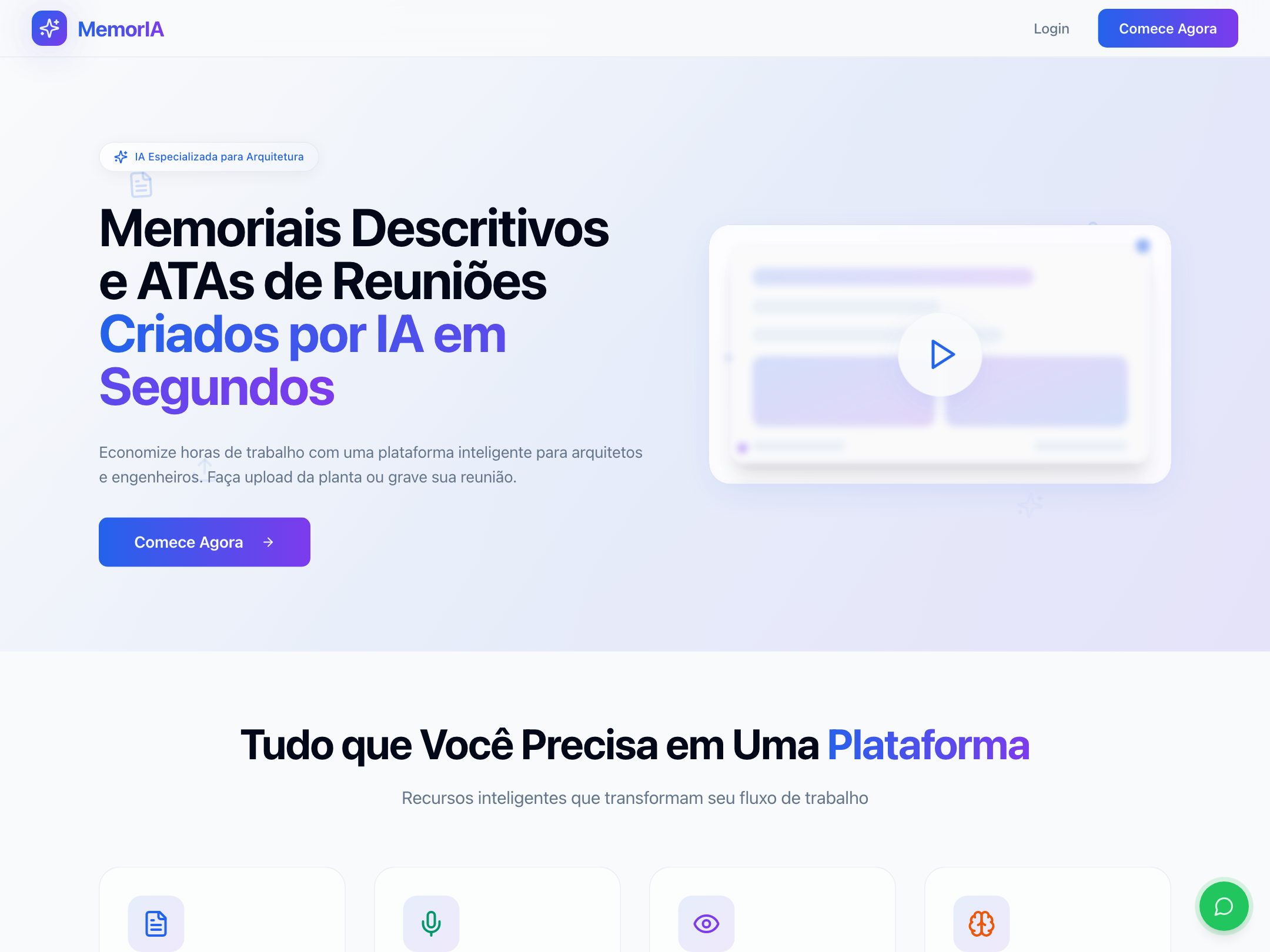 Captura de tela de MemorIA — IA que transforma plantas e reuniões em memoriais e ATAs prontos.