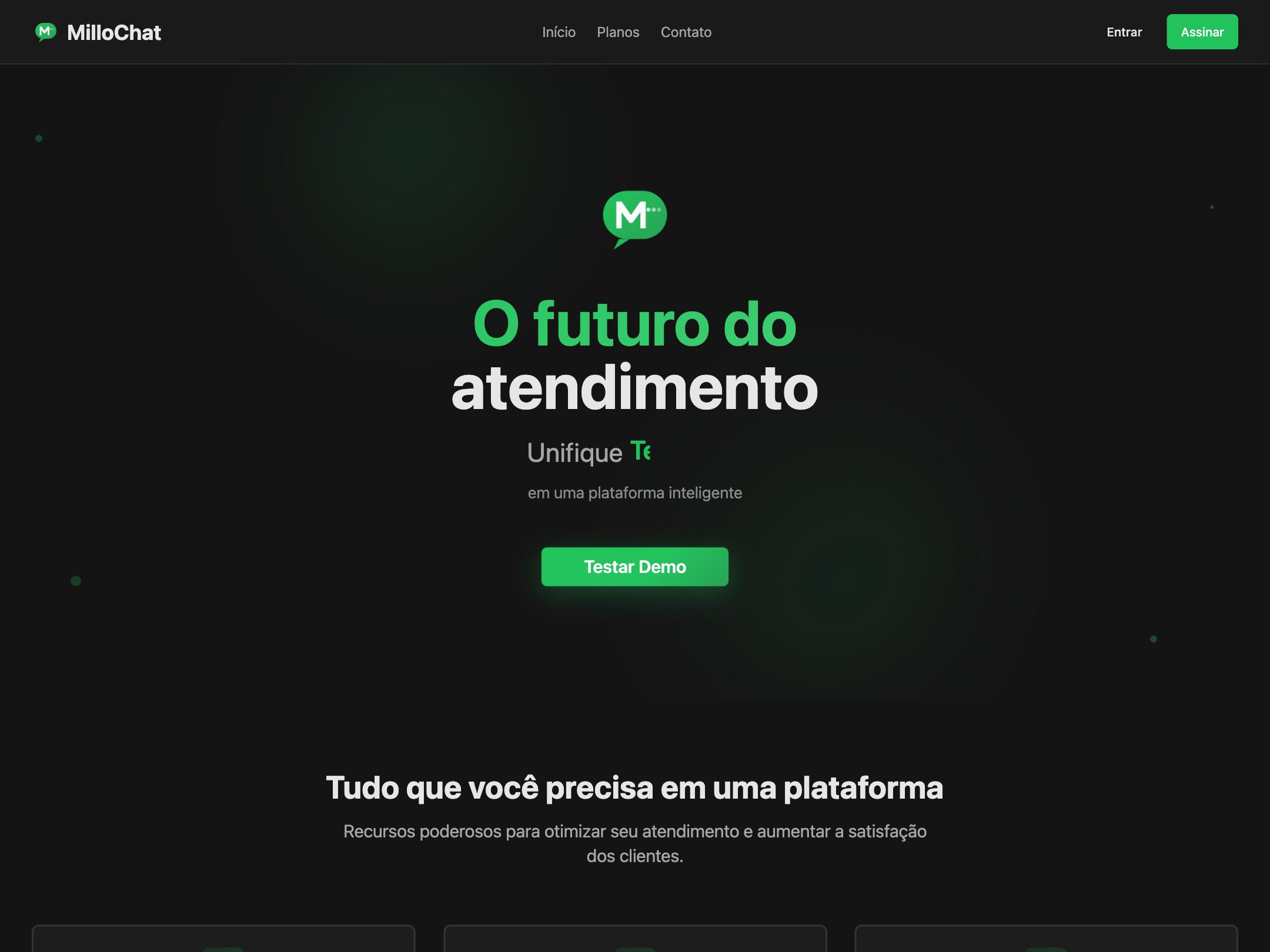 Captura de tela de MilloChat — Central de WhatsApp com IA que unifica atendimento e distribui conversas no time.