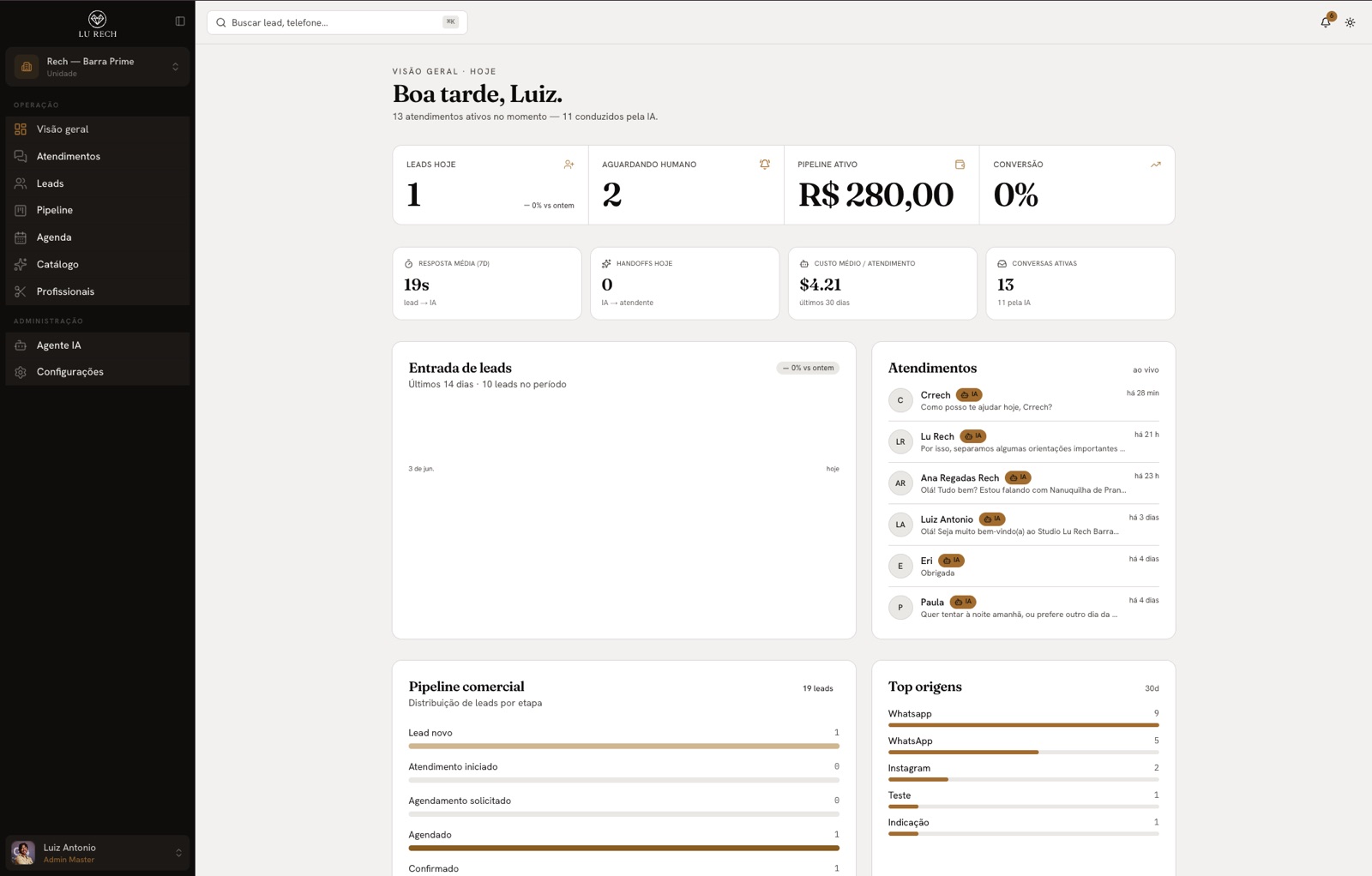 Captura de tela de RechCrm — CRM com IA que atende, qualifica e agenda direto no fluxo comercial do estúdio.